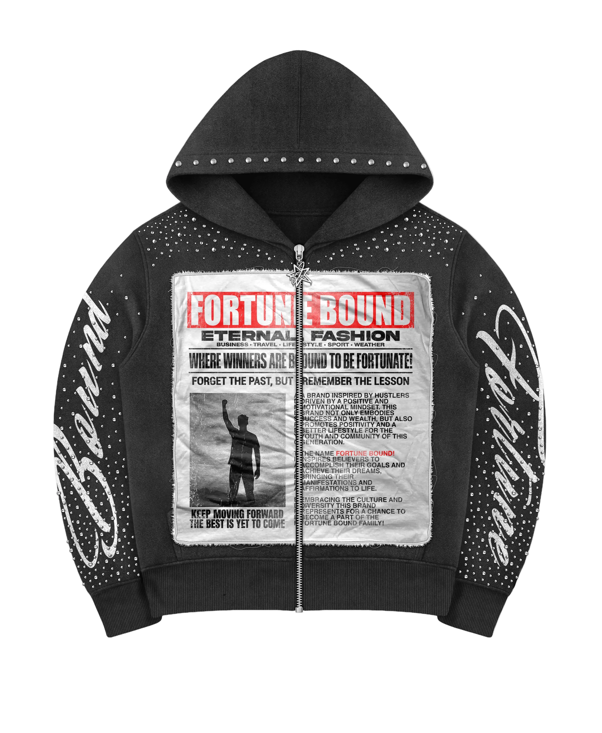 Black “Eternal Fashion” Rhinestone Zip Up Jackets