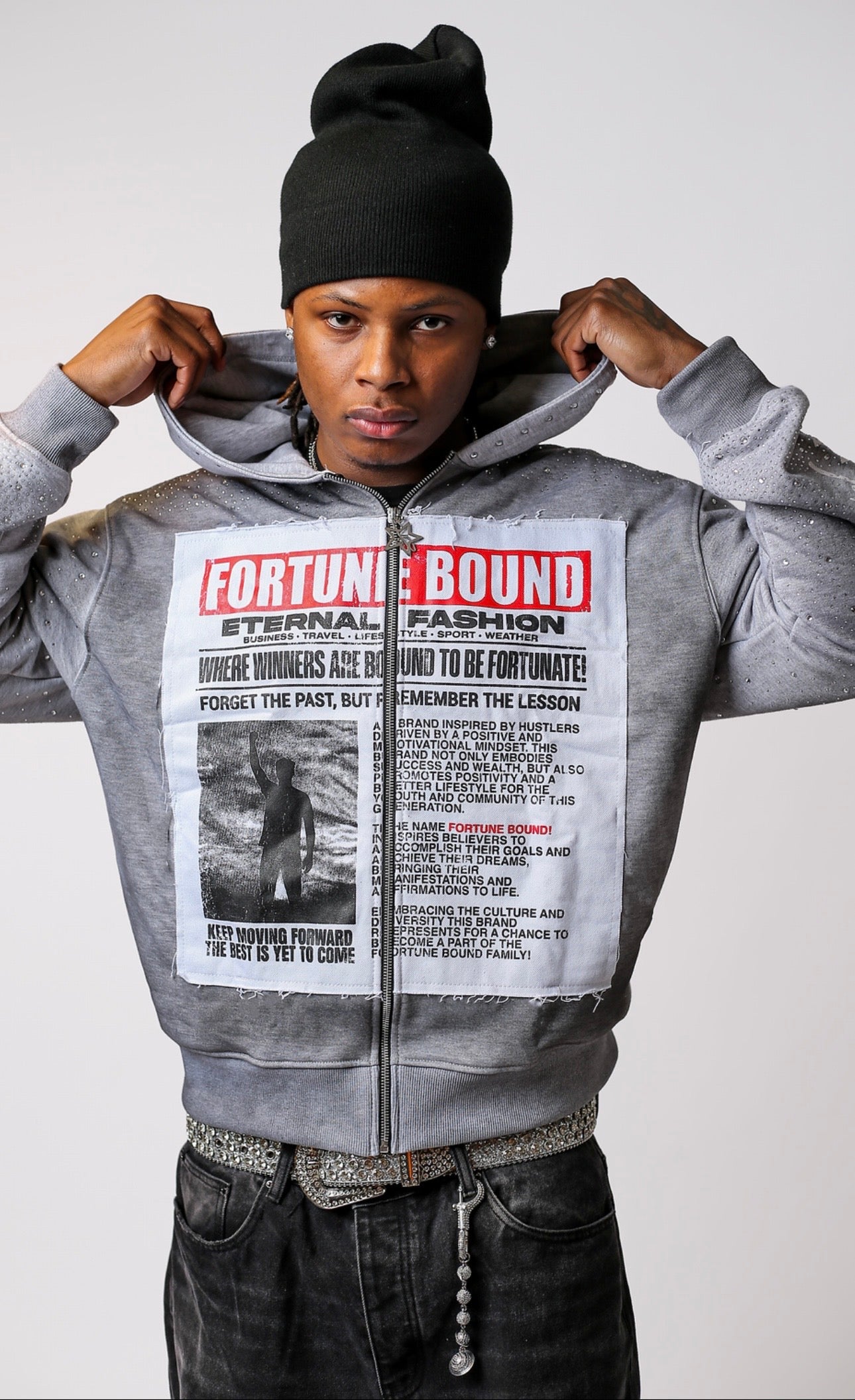 Grey “Eternal Fashion” Rhinestone Zip Up Jackets