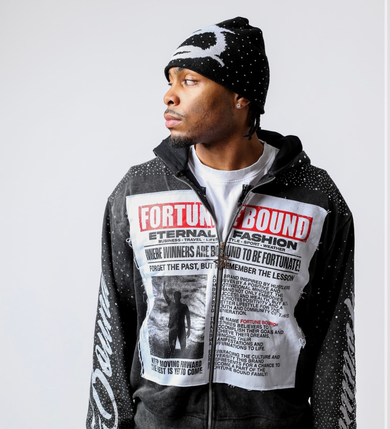Black “Eternal Fashion” Rhinestone Zip Up Jackets